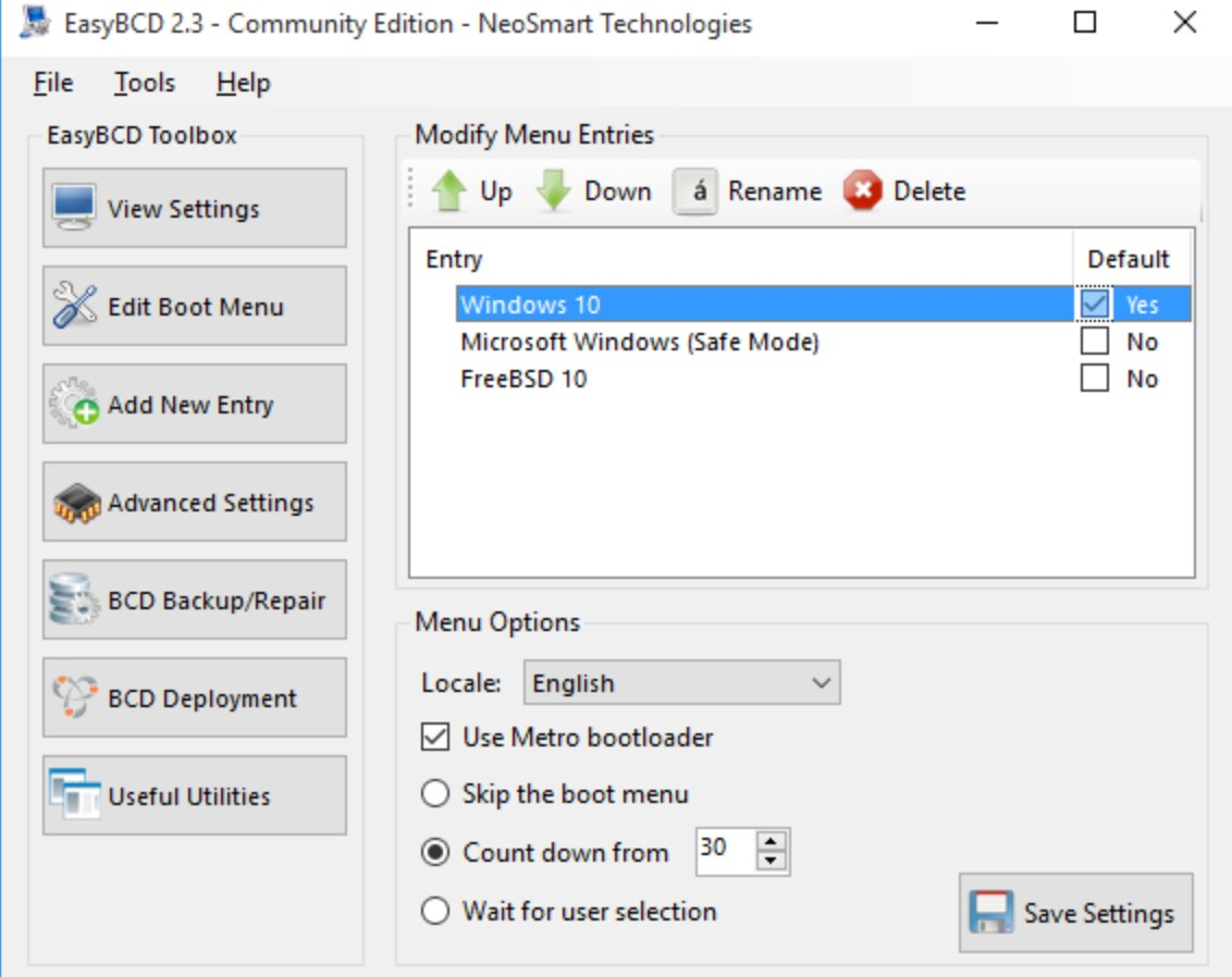 Screenshot von EasyBCD Boot Manager