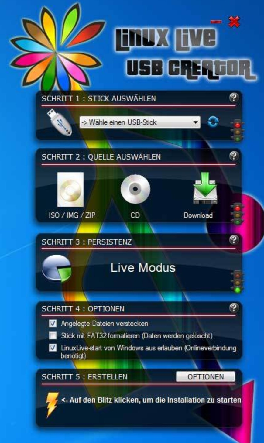 Screenshot von LinuxLive USB Creator