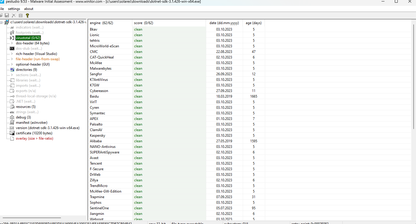 Screenshot von PeStudio