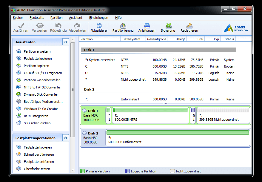 Screenshot von AOMEI Partition Assistant