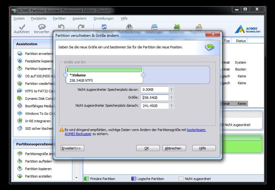 Screenshot von AOMEI Partition Assistant