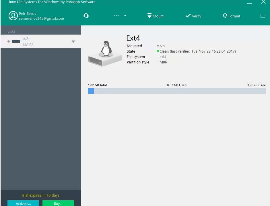Screenshot von Paragon Linux File Systems