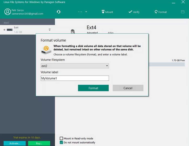 Screenshot von Paragon Linux File Systems