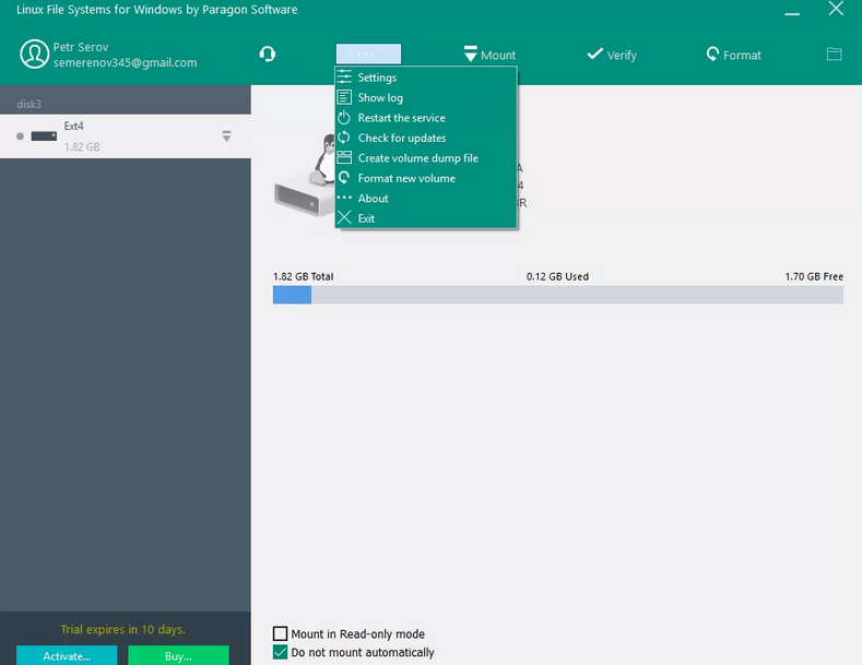 Screenshot von Paragon Linux File Systems