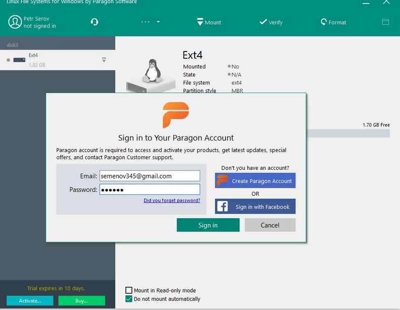 Screenshot von Paragon Linux File Systems