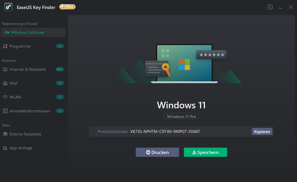 Screenshot von EaseUS Key Finder Pro