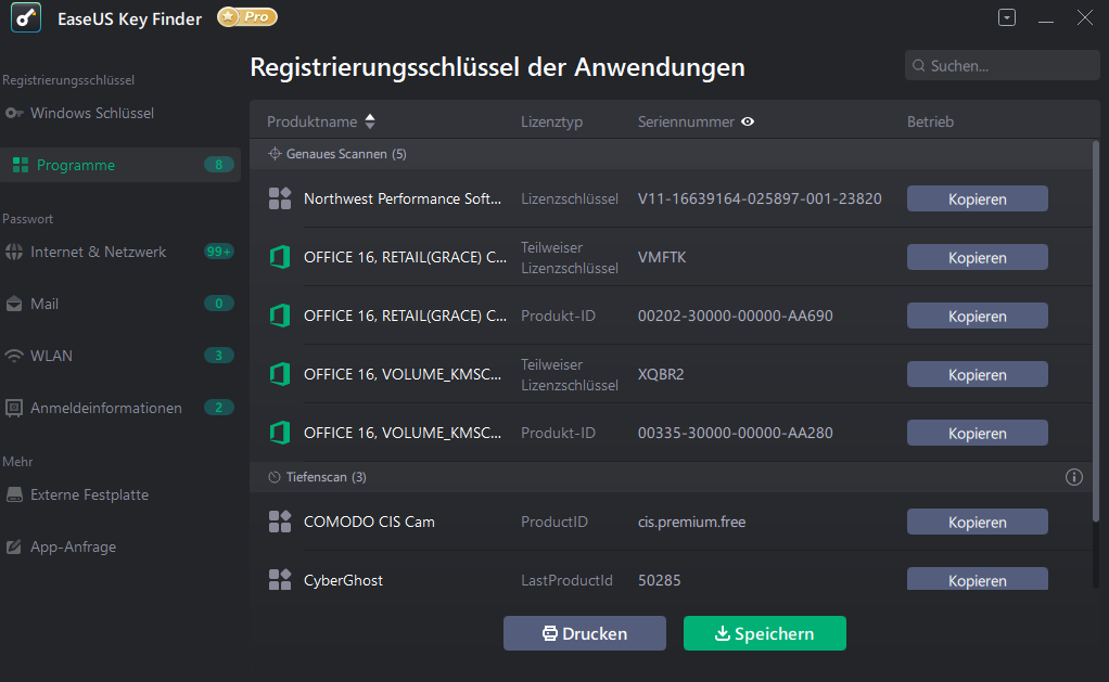 Screenshot von EaseUS Key Finder Pro