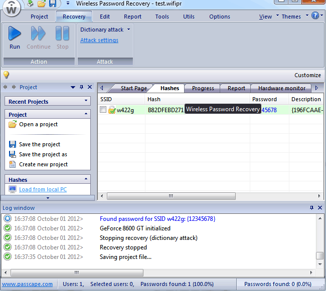 Screenshot von Passcape Wireless Password Recovery