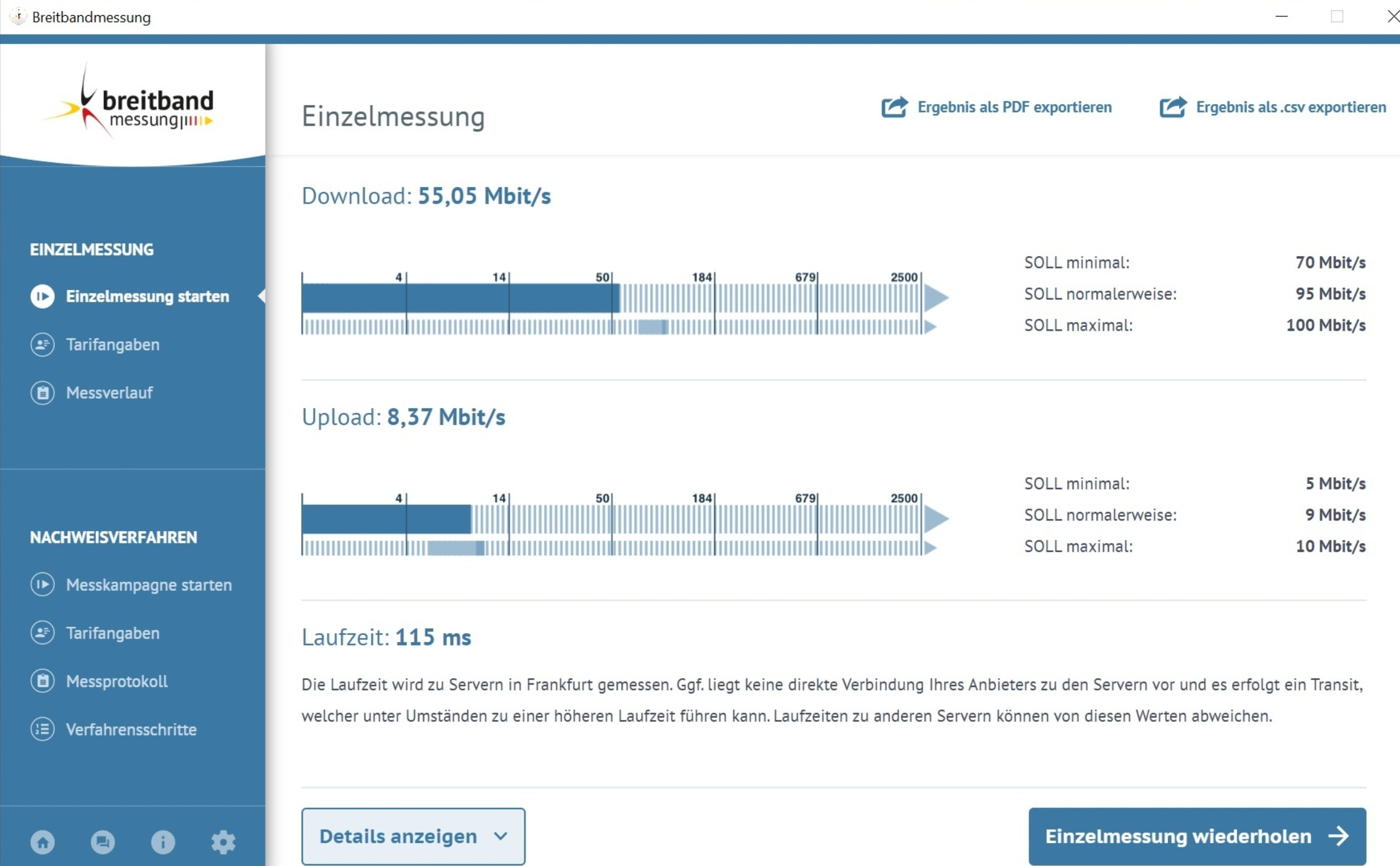 Screenshot von Breitbandmessung