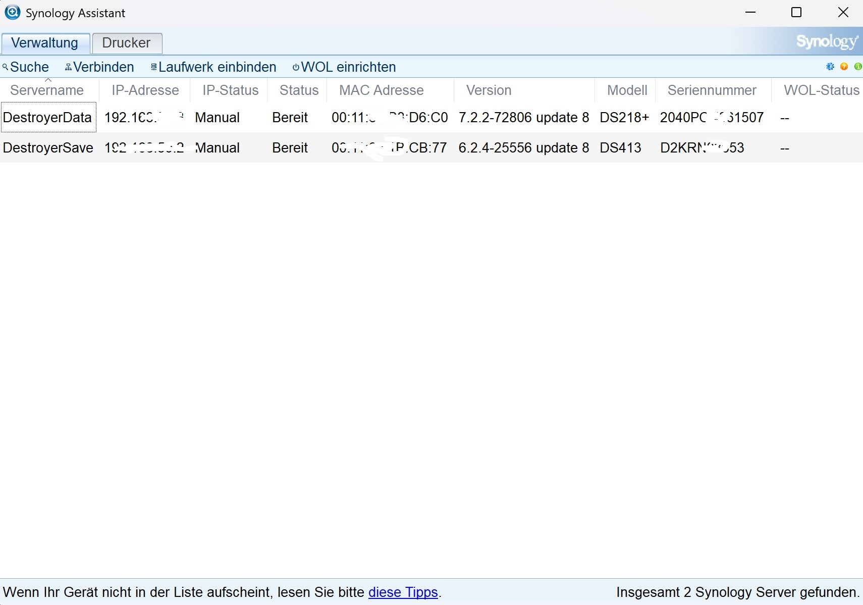 Screenshot von Synology Assistant