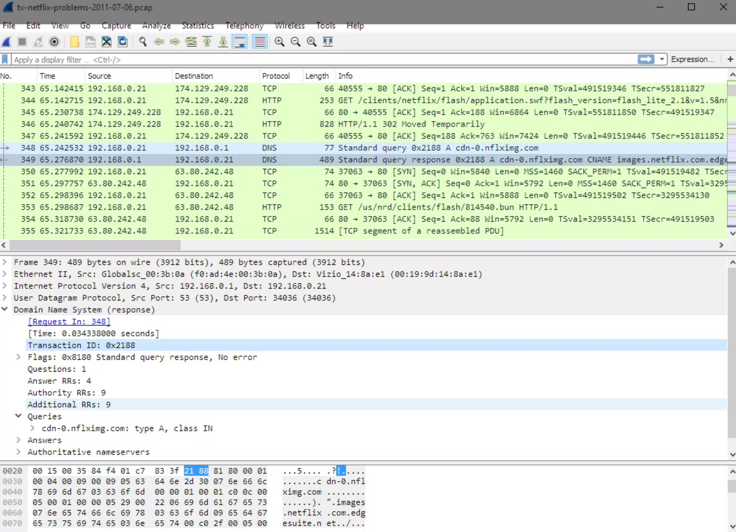 Screenshot von Wireshark sniffer