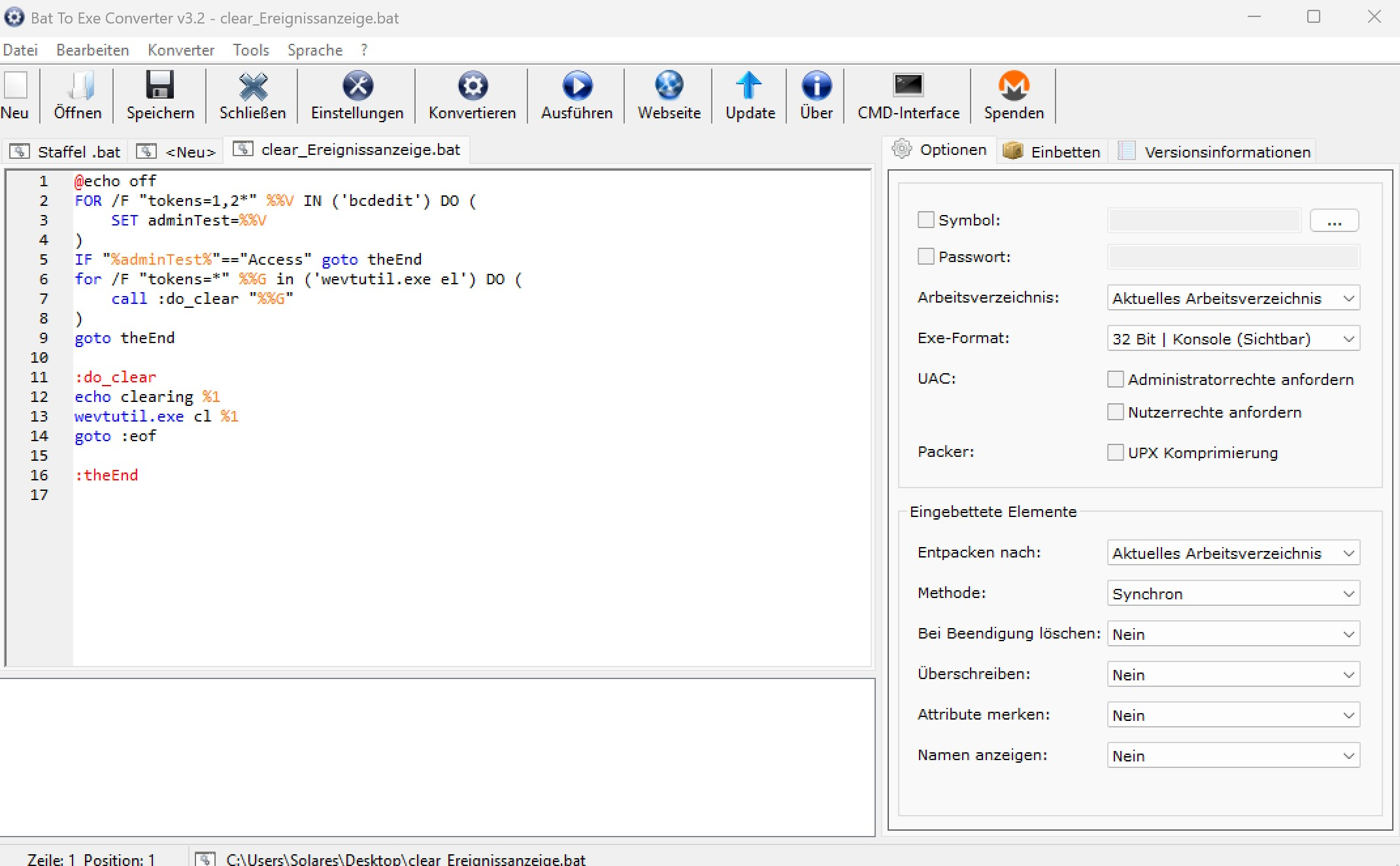 Screenshot von bat to exe Converter