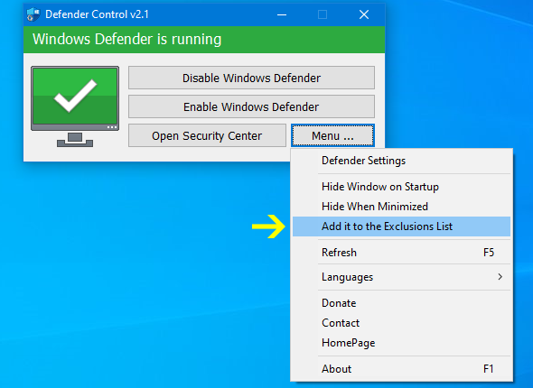 Screenshot von Defender Control