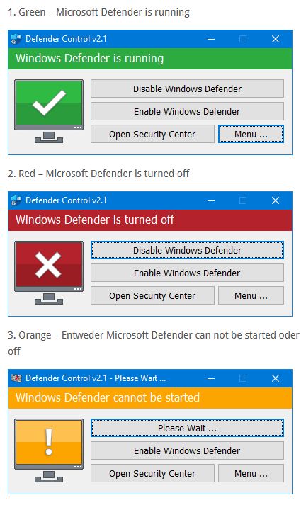 Screenshot von Defender Control