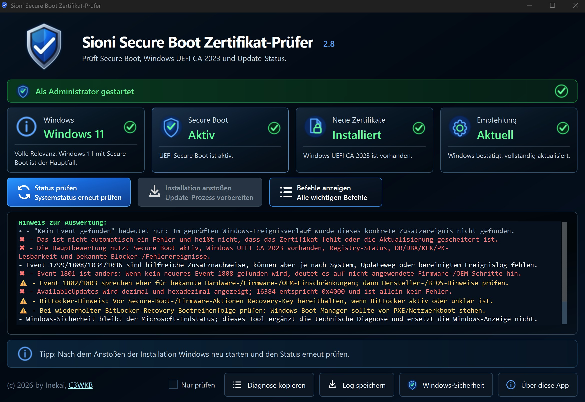 Screenshot von Secure Boot cert Checker