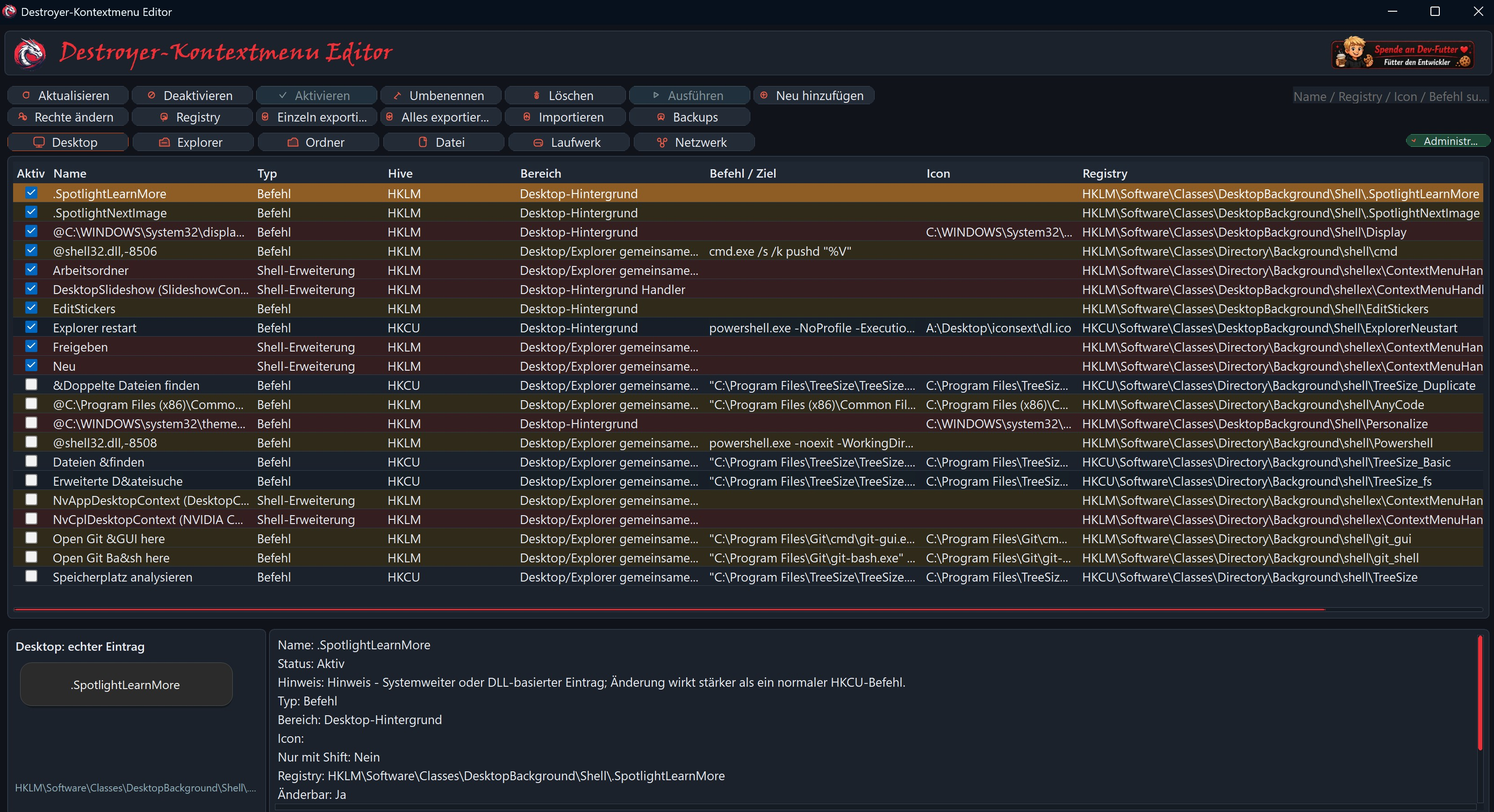 Screenshot von Kontexmenü-Editor