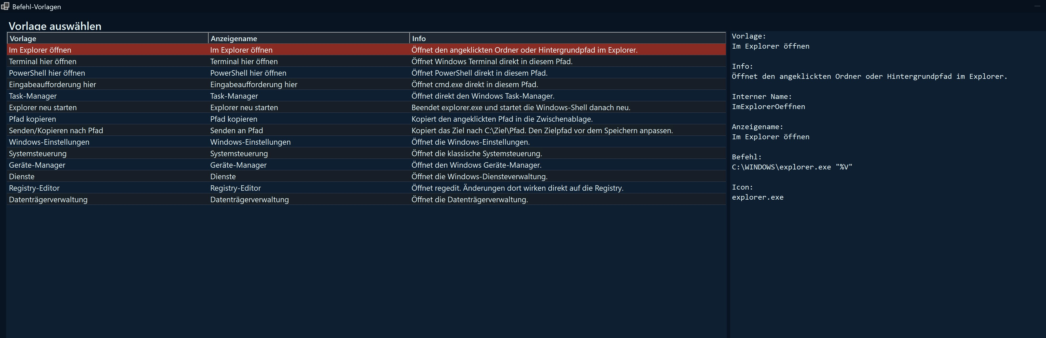 Screenshot von Kontexmenü-Editor