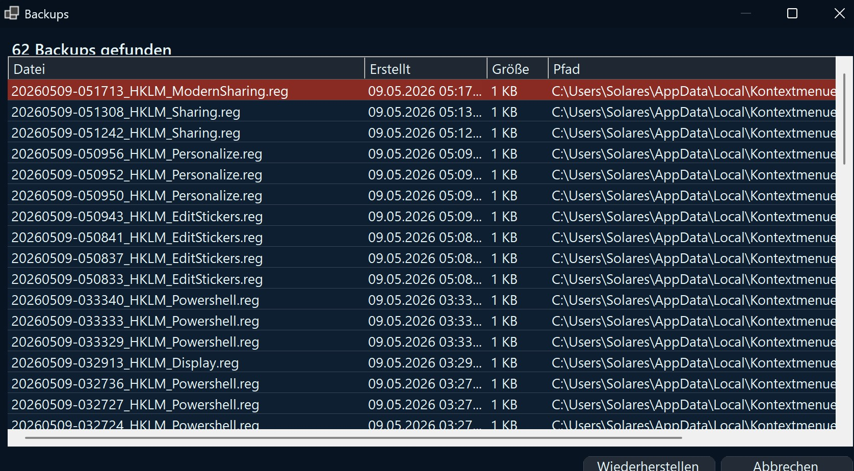 Screenshot von Kontexmenü-Editor